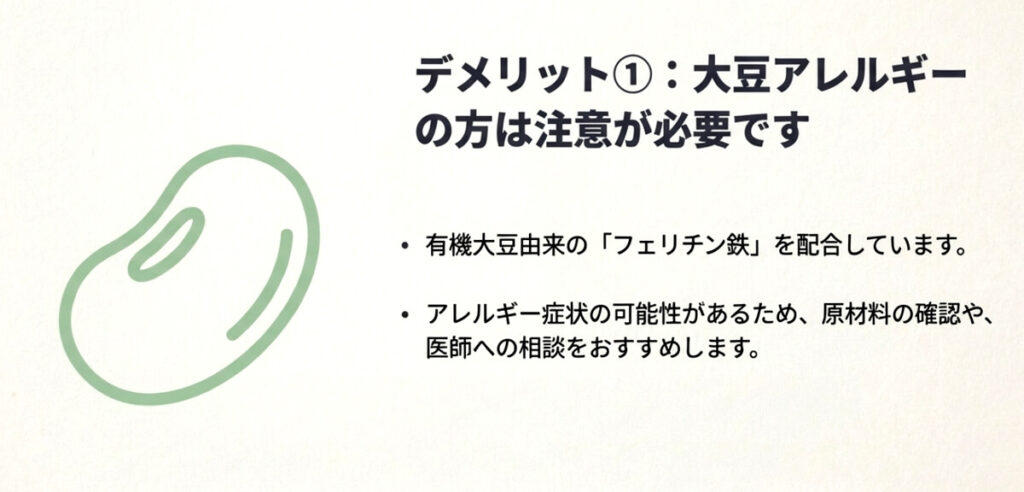 有機大豆由来のフェリチン鉄を使用しているため、アレルギーの方は医師へ相談を促す注意書き