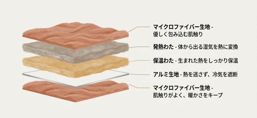 マイクロファイバー、発熱わた、保温わた、アルミ生地が重なり、発熱から断熱までのサイクルを生む仕組みを解説