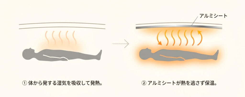 体からの湿気を吸収して発熱し、アルミシートが熱を逃さず保温する様子を図解