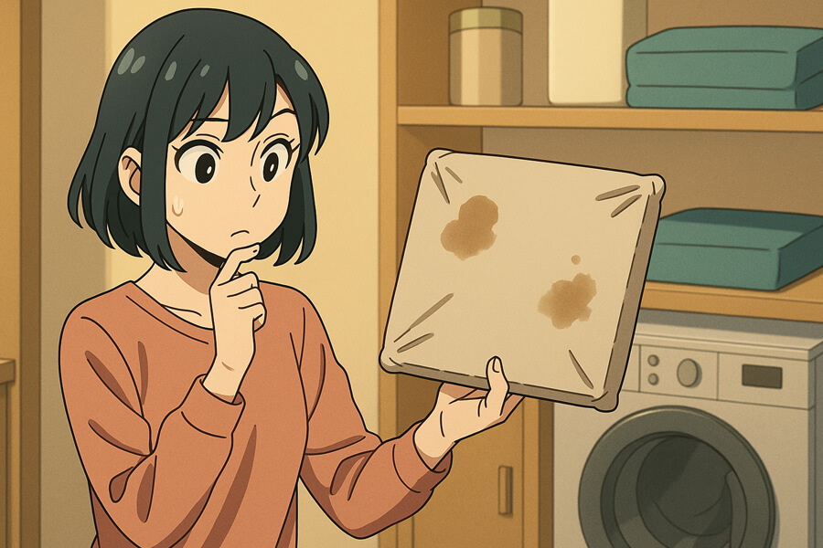 汚れたトランポリンクッションのカバーを交換しようとしているイラスト