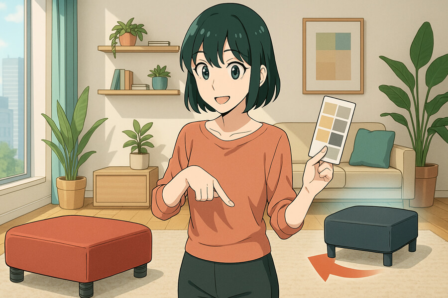 トランポリンクッションを部屋のインテリアと比較しながら選んでいる様子のイラスト