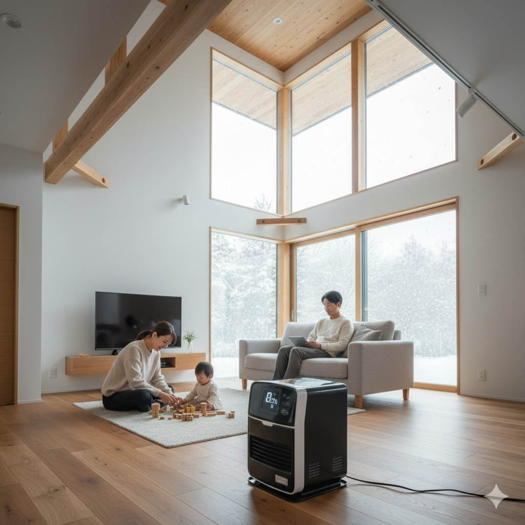 高気密高断熱のモダンなリビングルームに置かれた、洗練されたデザインのダイニチFZシリーズ石油ファンヒーター。暖房効率の良い現代の住宅における家庭用最強モデルのイメージ。