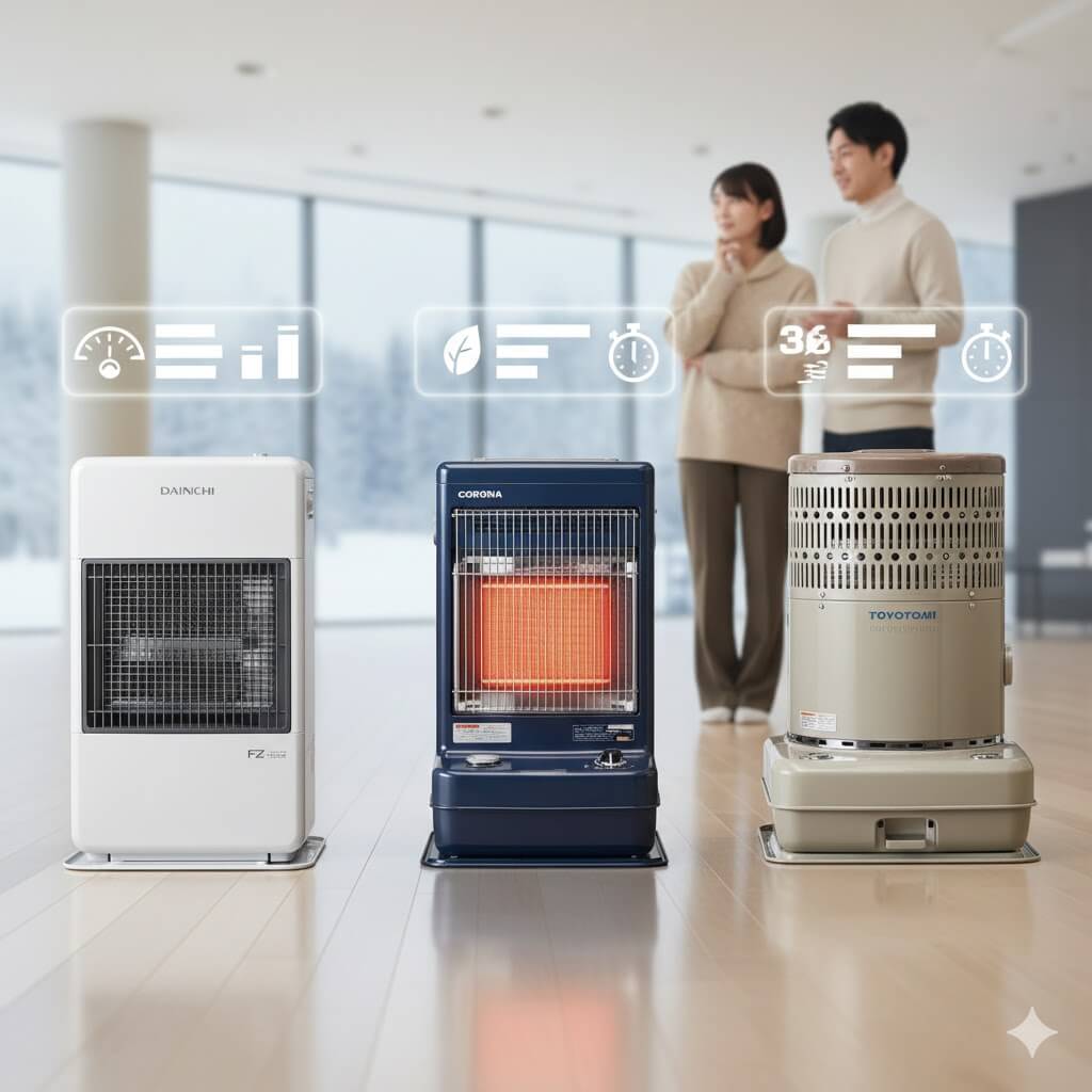 家庭用ファンヒーター、ポット式輻射型、ブンゼン気化式など、主要メーカーの大型石油暖房機3機種を並べた比較イメージ。暖房方式や得意分野の違いを視覚的に表現。