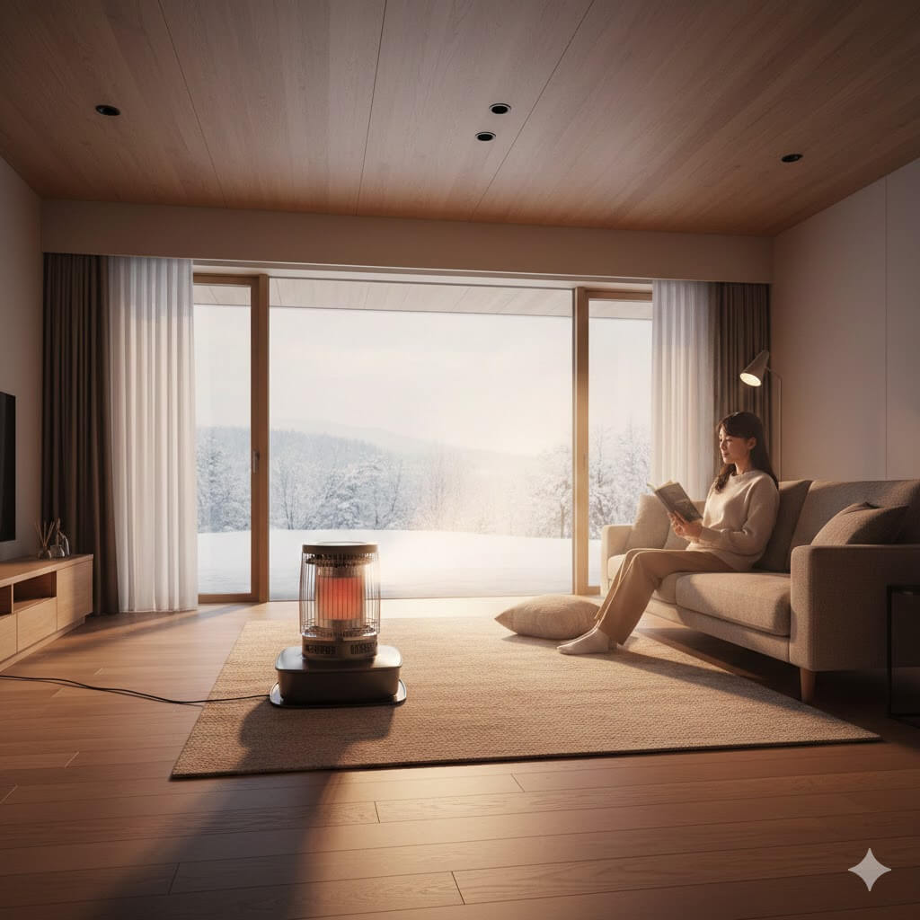 広々とした高気密・高断熱のモダンなリビングで、ハイパワーな家庭用石油ファンヒーターにより快適に暖まっている日本の家族の様子。