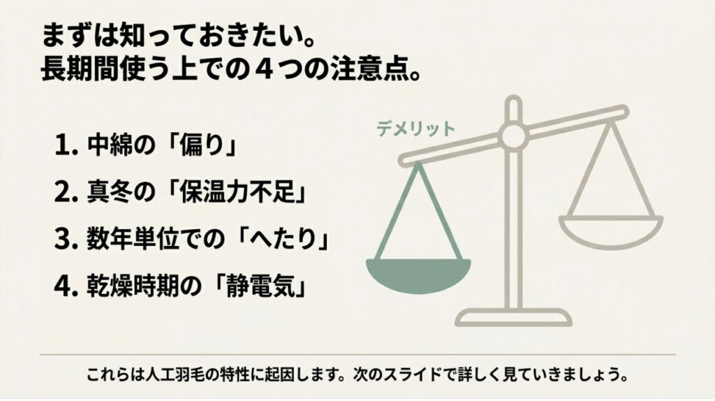 中綿の偏りや耐久性の低さなど、デメリットの各原因に対する洗濯ネット使用などの対策をまとめた表