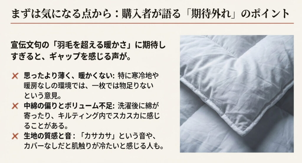 期待外れのポイントとして「思ったより薄く暖かくない」「中綿の偏り」「生地の音や質感」を挙げているスライド。ふんわりした布団のイメージ画像付き。