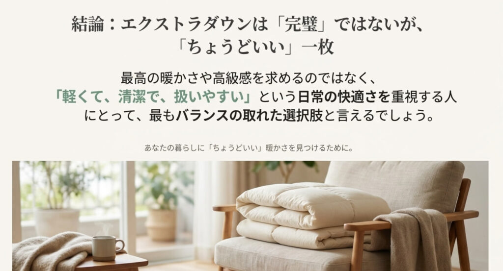 「完璧ではないが、ちょうどいい一枚」という結論メッセージと、暖かそうな部屋と飲み物の写真があるスライド。