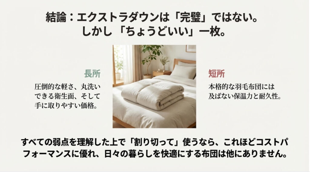完璧ではないが、弱点を理解して割り切って使えばコストパフォーマンスに優れた「ちょうどいい」布団であるという結論スライド