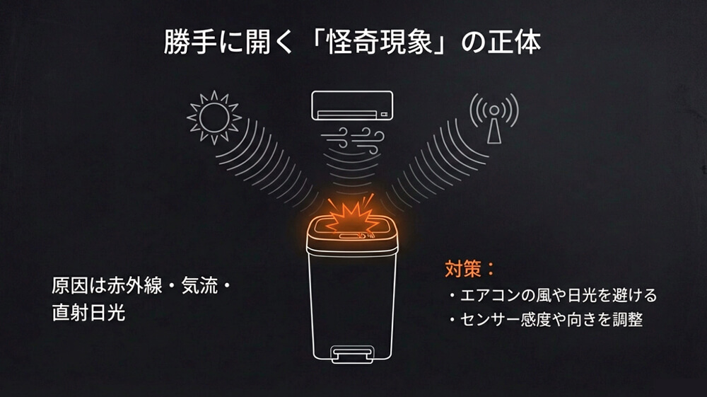 蓋が勝手に開く現象の原因とセンサーの調整方法の画像