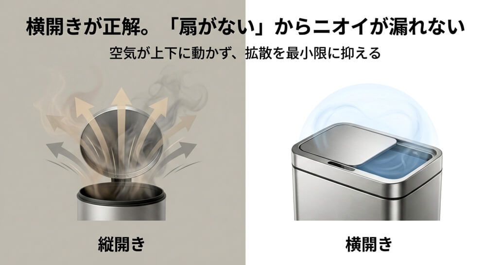 横開きでニオイ漏れを防ぐ高い密閉性と衛生面の画像